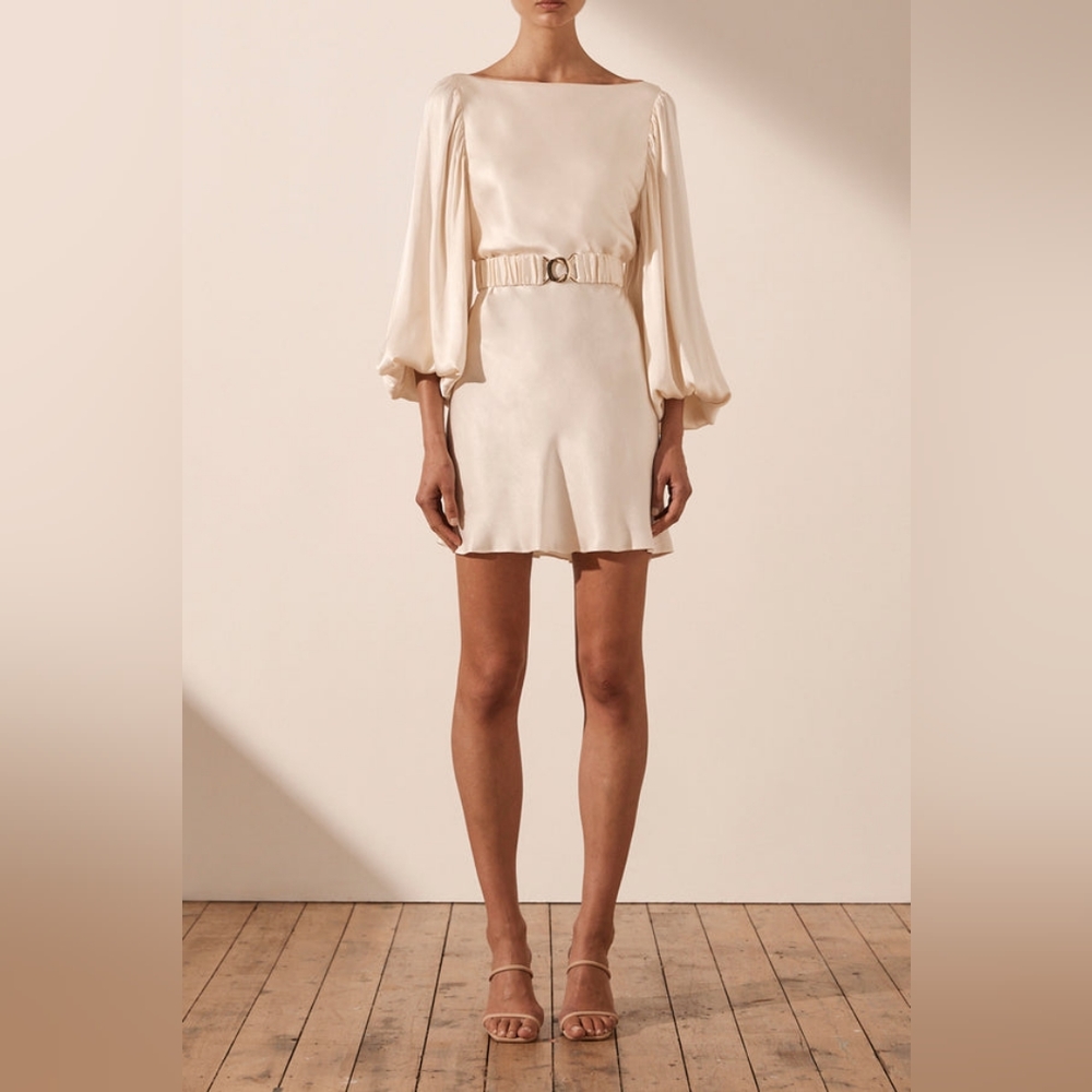 SHONA JOY La Lune Balloon Sleeve Mini Dress w Belt in Cream *NWT Size 12* - Picture 3 of 12